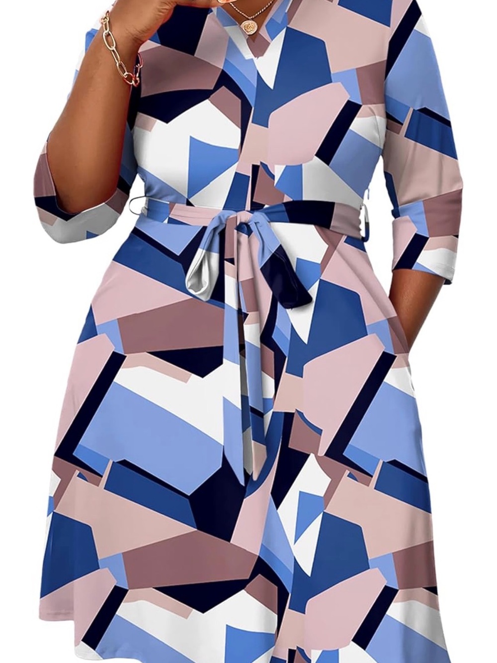 FANDEE Geometric Print Blue & Pink Tie-Waist A-Line Dress - Picture 10 of 12